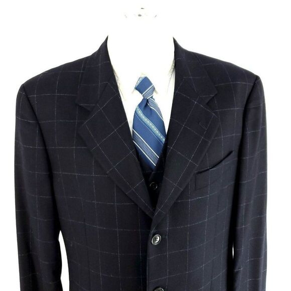 Valentino Flannel Wool Cashmere 3 Button Sport Coat W/ Vest 42L Blue Windowpane - Picture 1 of 11